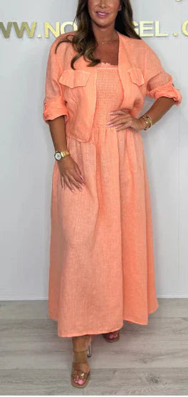 Ensemble deux pièces femme – Robe longue – Coupe décontractée – Buste smocké – Coton – Veste assortieécontractée – Buste smocké – Coton – Veste assortie