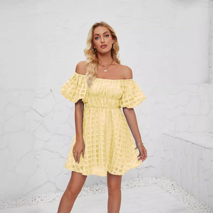 Robe mini femme – Manches bouffantes – Encolure carrée – Taille froncée – Tissu léger