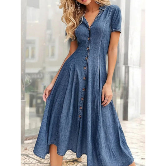 Robe femme évasée – Coupe A-line – Denim – Manches courtes – Boutonnée
