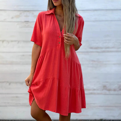 Robe femme évasée – Fibres naturelles respirantes – Manches courtes – Col boutonné