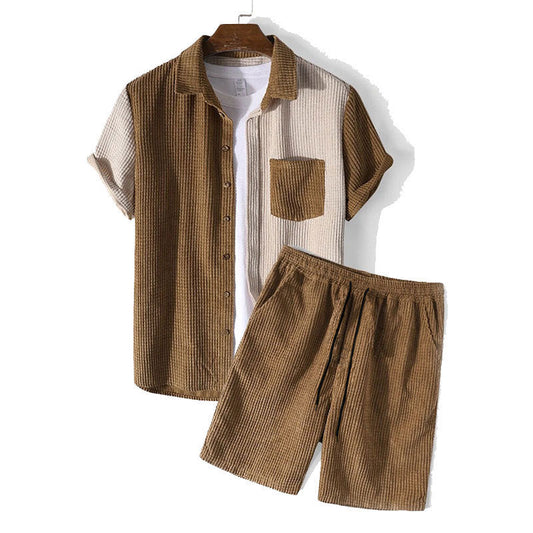 Ensemble Deux Pièces Homme – Coupe Décontractée – Tissu Gaufré – Chemise Boutonnée & Short à Cordon