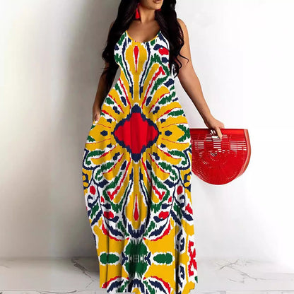 Robe longue femme – Décolleté en V – Bretelles fines – Coupe fluide – Imprimé abstrait