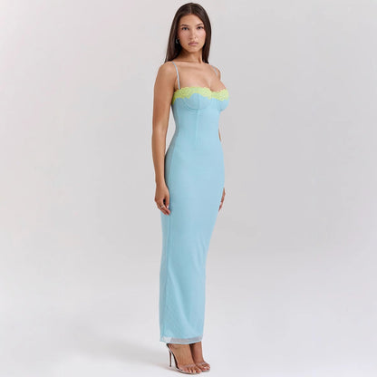 Robe longue femme – Coupe slim – Tissu respirant – Fines bretelles – Finition dentelle