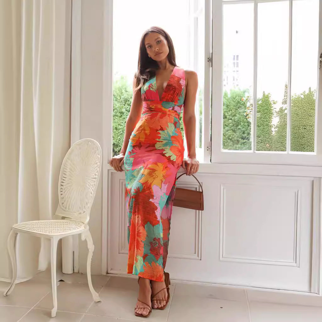 Robe midi femme – Imprimé fleuri – Encolure en V – Ceinture taille – Tissu léger
