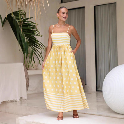 Robe longue femme – Coupe évasée – Coton – Bretelles fines – À motifs avec poches