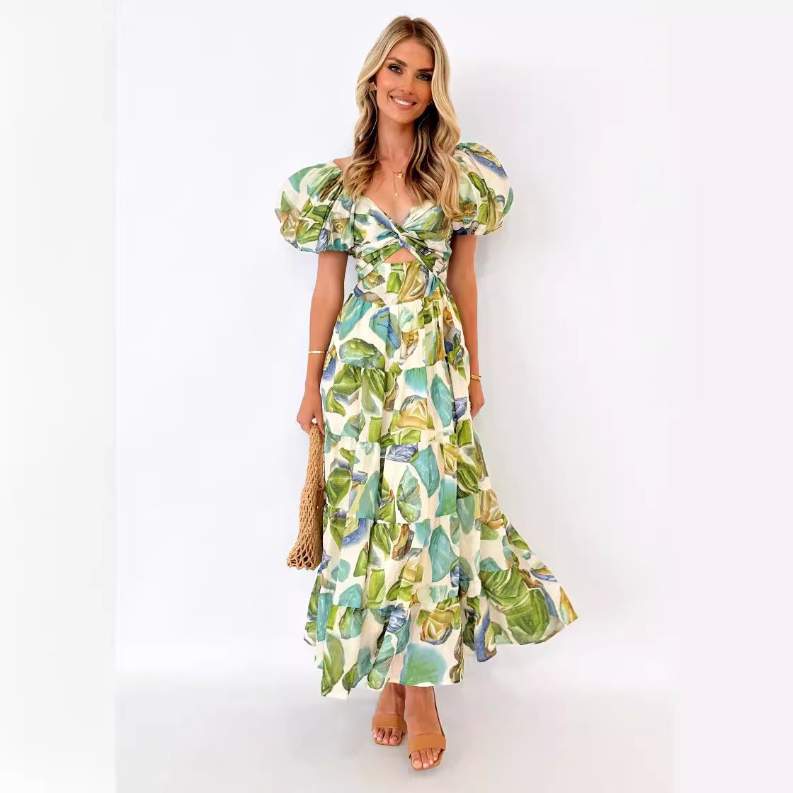 Robe longue femme – Épaules dénudées – Manches bouffantes – Taille smockée