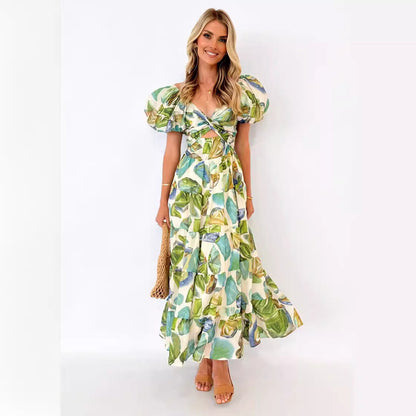 Robe longue femme – Épaules dénudées – Manches bouffantes – Taille smockée