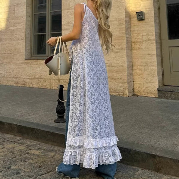 Robe en dentelle femme – Coupe évasée – Décolleté en V – Fente côté – Bretelles à nœud