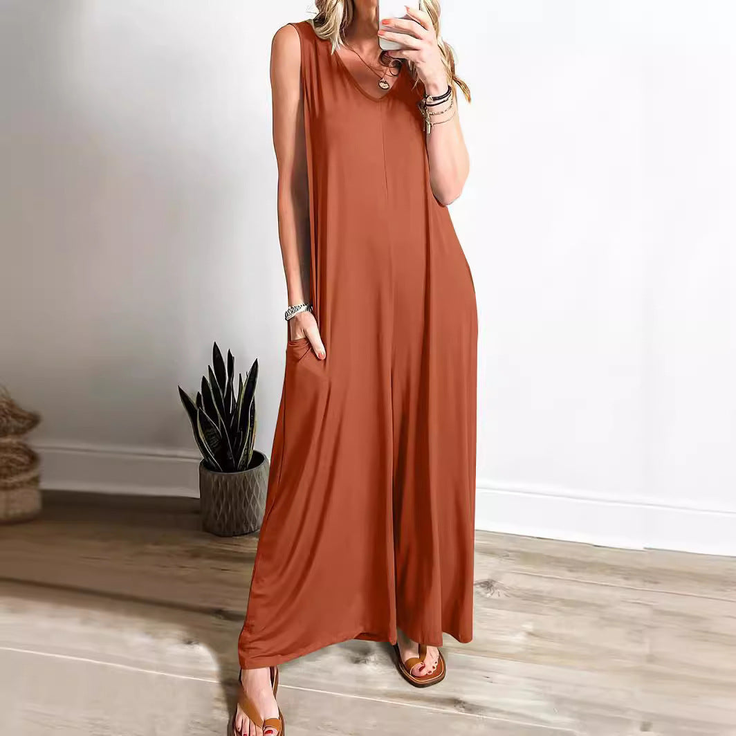 Robe longue femme – Coupe fluide – Débardeur – Encolure en V – Maille douce avec poches