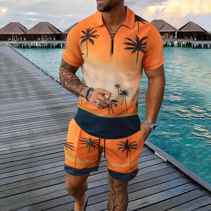 Ensemble Deux Pièces Homme – Coupe Slim – Col Zippé – Motif Tropical