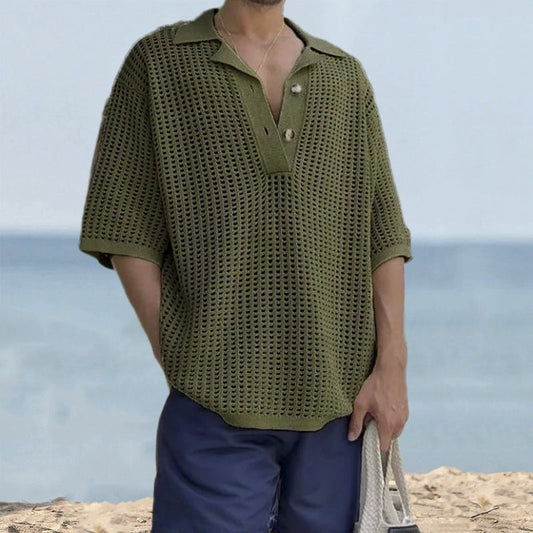 Pull homme – Maille aérée – Coupe oversize – Col à revers – Manches courtes