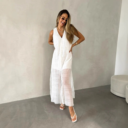 Robe longue femme – Dentelle élégante – Sans manches – Col en V – Fente frontale