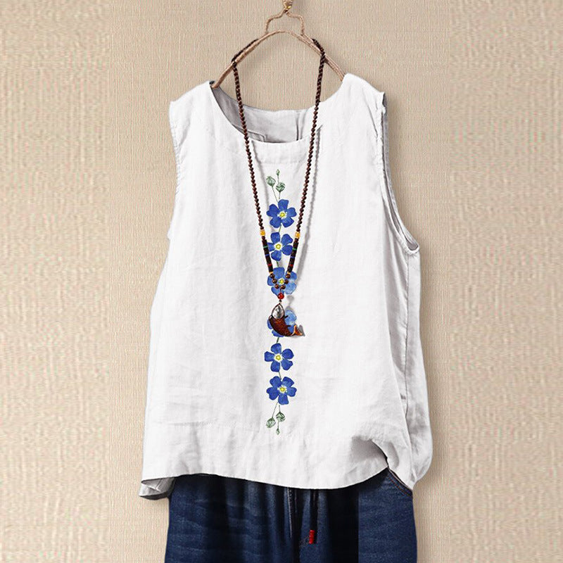 Blouse sans manches femme – Coupe décontractée – Fibres naturelles – Broderie florale