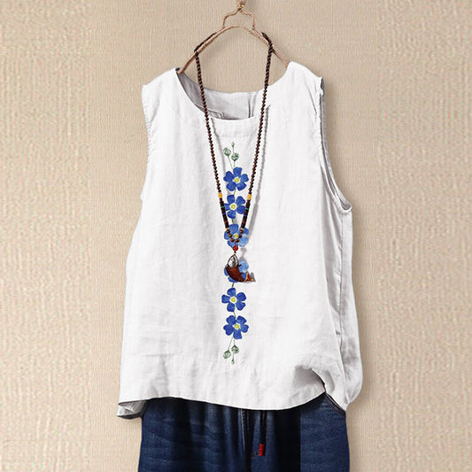 Blouse sans manches femme – Coupe décontractée – Fibres naturelles – Broderie florale