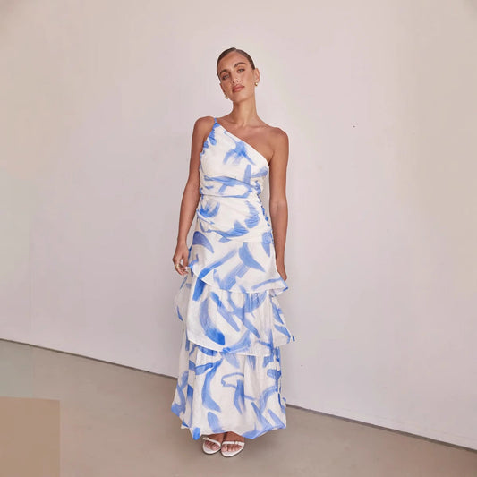 Robe longue femme – Asymétrique une épaule – Haut froncé – Jupe évasée à volants