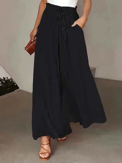 Pantalon large femme – Coupe fluide – Imprimé à pois – Taille cordon – Style décontracté