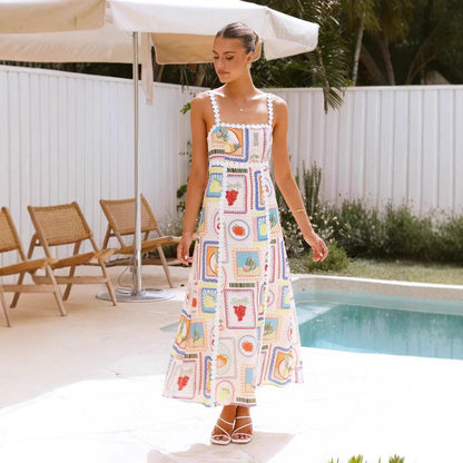 Robe longue femme – Tissu respirant – Coupe fluide – Sans manches – Imprimé géométrique – Détail dentelle