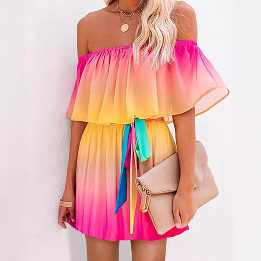 Robe femme – Épaules dénudées à volants – Taille cintrée