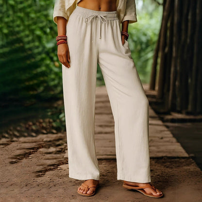 Pantalon femme large – Lin et coton – Taille élastique – Coupe ample
