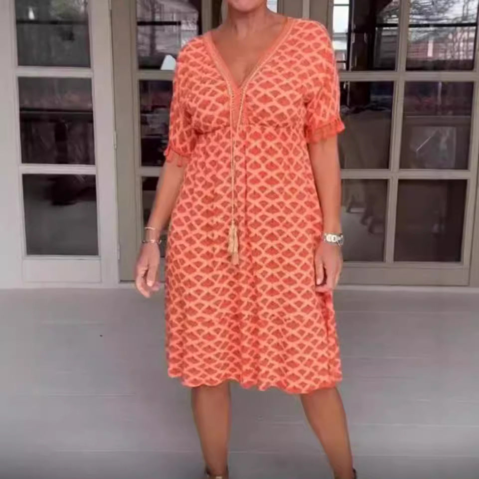 Robe midi femme – Coupe décontractée – Décolleté en V – Manches à franges – Imprimé géométrique