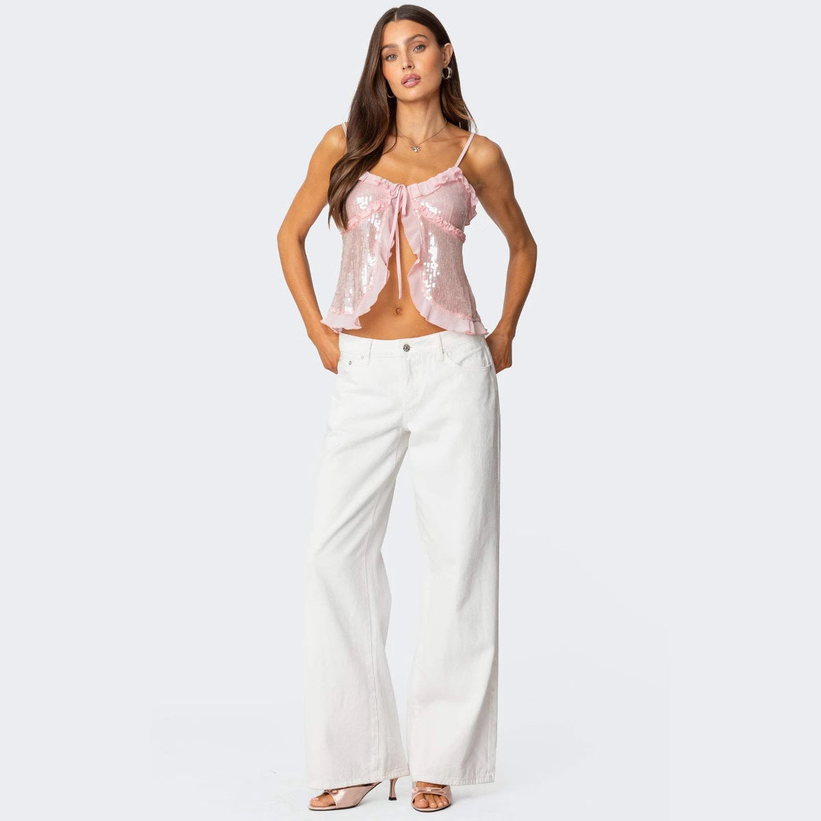 Top court femme – Coupe ajustée – Bretelles fines – Sequins – Volants – Nœud devant