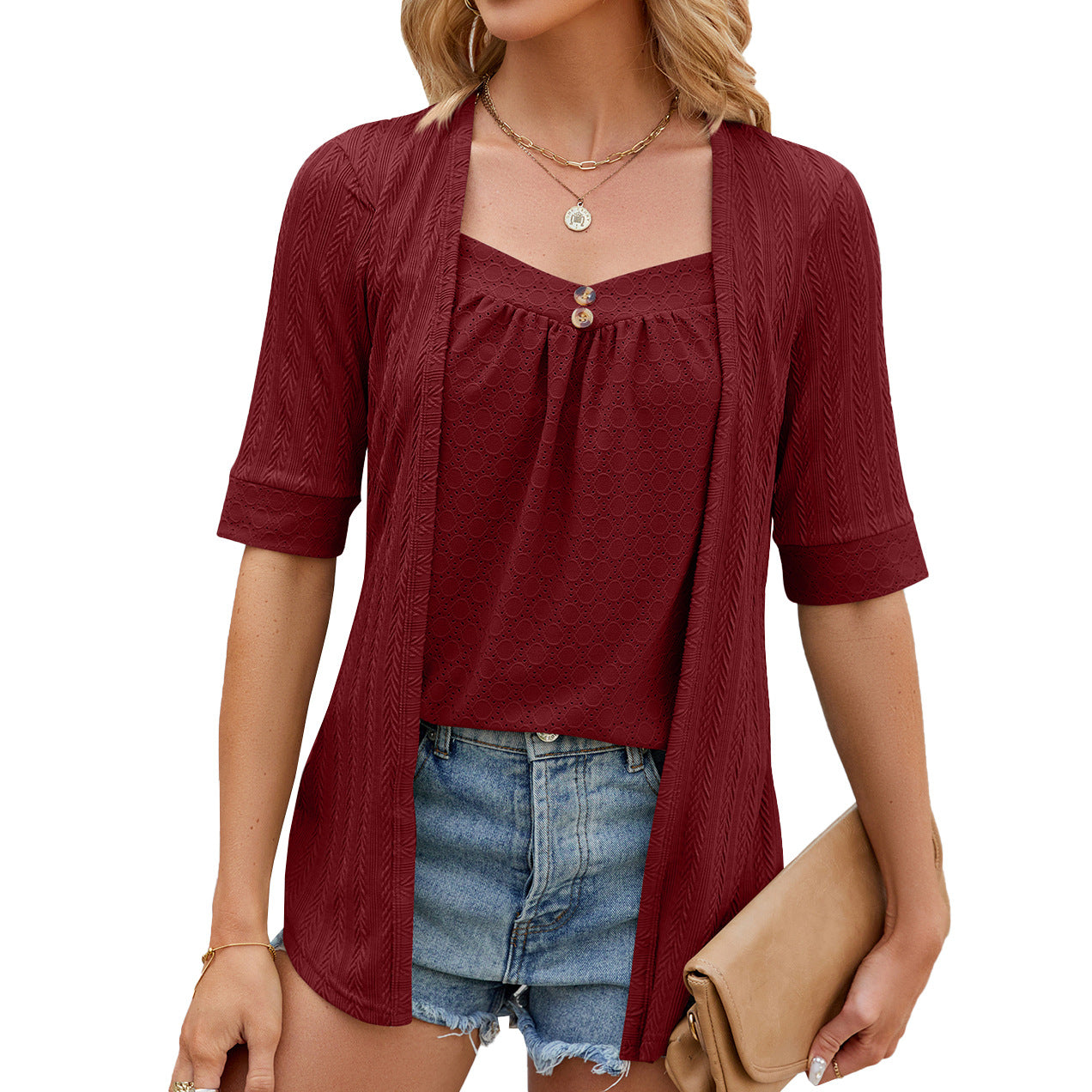 Chemise femme – Coupe décontractée – Maille souple – Col carré – Manches 3/4 – Ouverture sans boutons