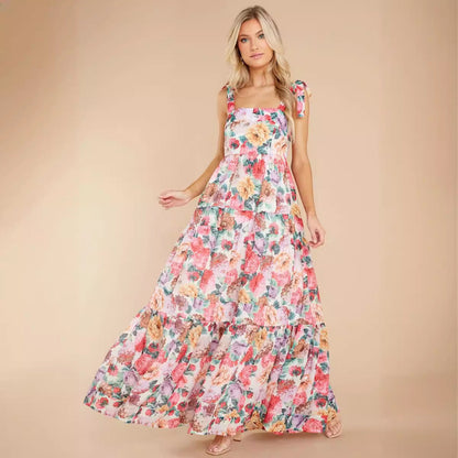 Robe longue femme – Sans manches – Imprimé fleuri – Coupe fluide – Tissu respirant