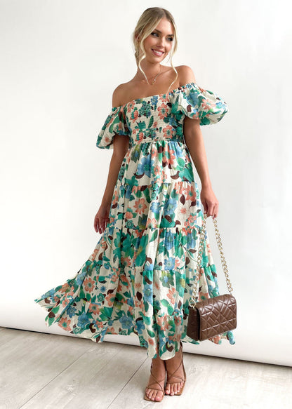 Robe longue femme – Épaules dénudées – Bustier smocké – Jupe à volants – Tissu respirant