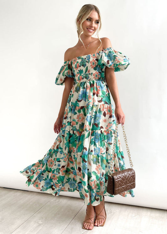 Robe longue femme – Épaules dénudées – Bustier smocké – Jupe à volants – Tissu respirant