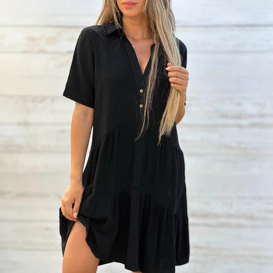 Robe femme évasée – Fibres naturelles respirantes – Manches courtes – Col boutonné