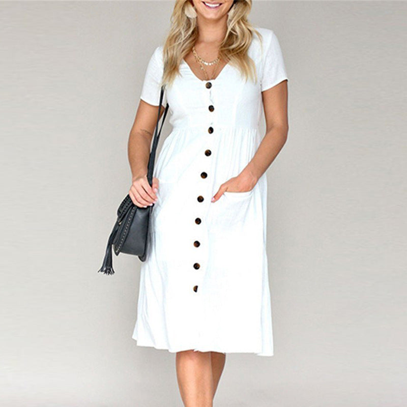 Robe femme – Coupe évasée – Tissu respirant – Manches courtes – Longueur midi