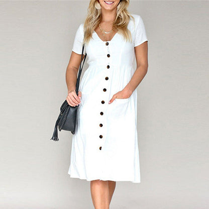 Robe femme – Coupe évasée – Tissu respirant – Manches courtes – Longueur midi