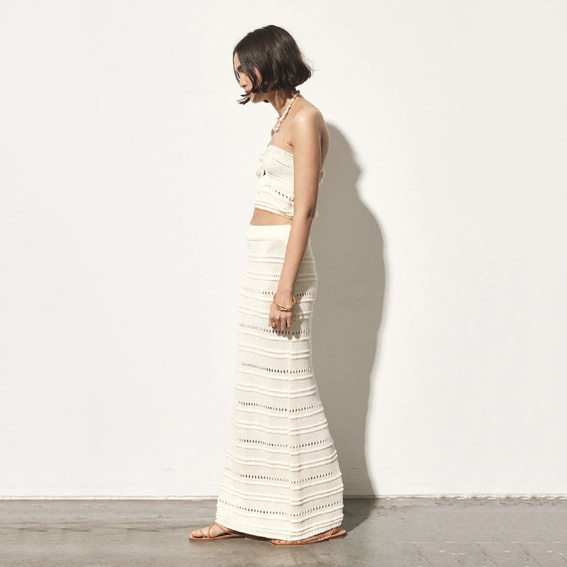 Ensemble Femme Deux Pièces – Haut Bandeau Crochet Croisé – Jupe Midi Taille Haute