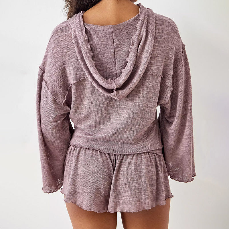 Ensemble Femme – Haut Court Manches Longues à Capuche – Short Taille Haute Fluide