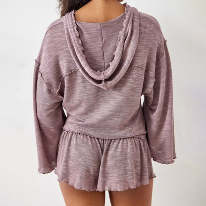 Ensemble Femme – Haut Court Manches Longues à Capuche – Short Taille Haute Fluide