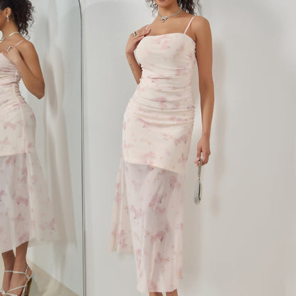 Robe longue femme – Coupe moulante – Bretelles fines – Fronces – Bas sirène élégant