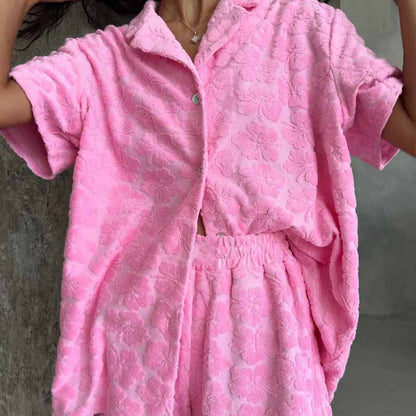 Women's pyjamas – Comfortable jacquard set – Loose fit – Buttoned shirt & elastic shorts