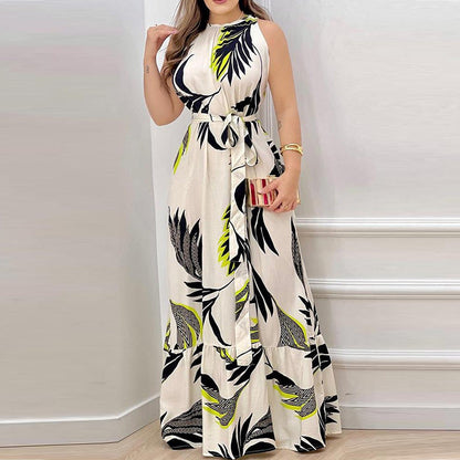 Robe longue femme – Encolure dos nu – Imprimé fleuri – Taille ceinturée – Ourlet à volants