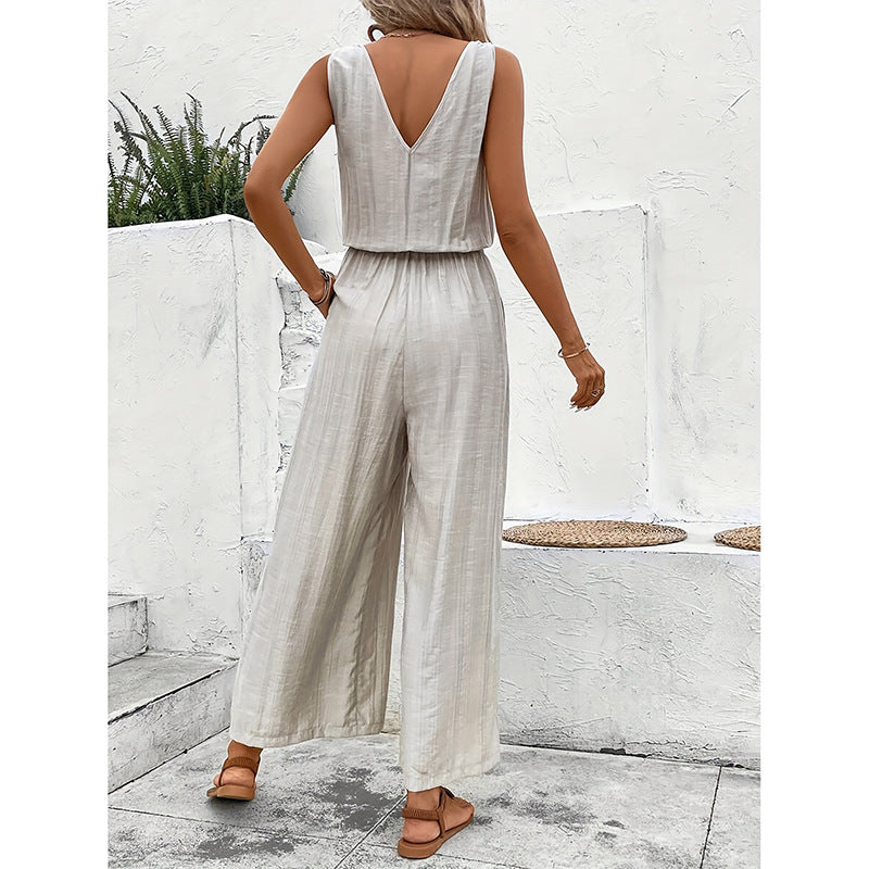 Combinaison femme – Coton mélangé – Sans manches – Jambe large – Taille ajustable
