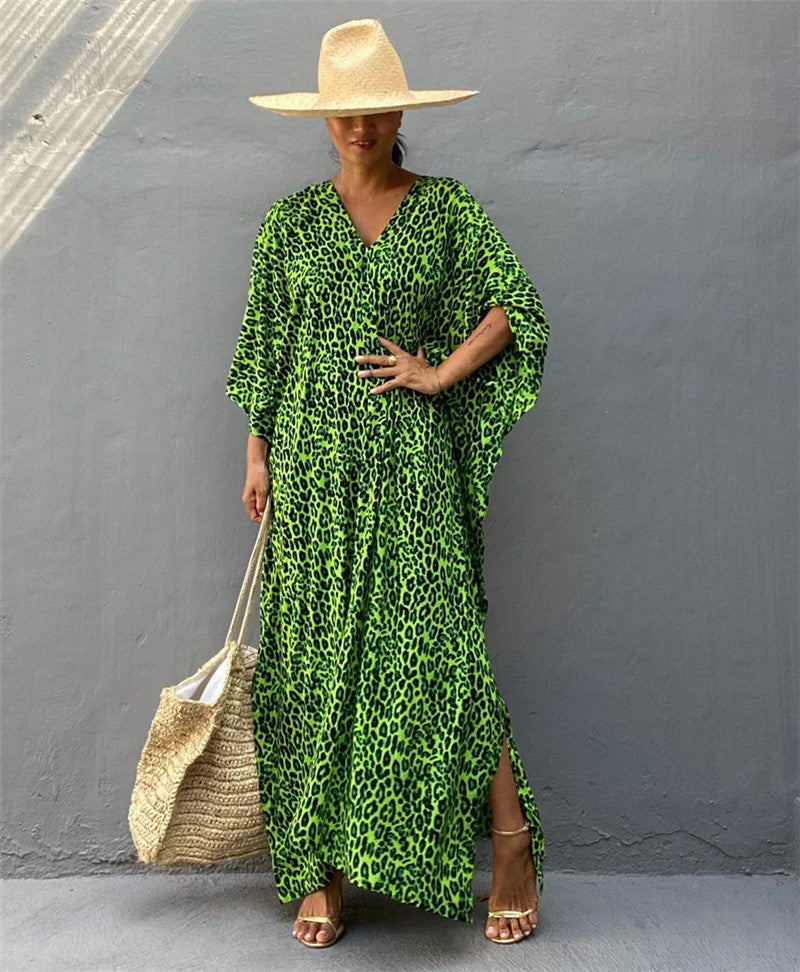 Robe caftan femme – Coupe ample – Tissu respirant – Imprimé animal – Col en V