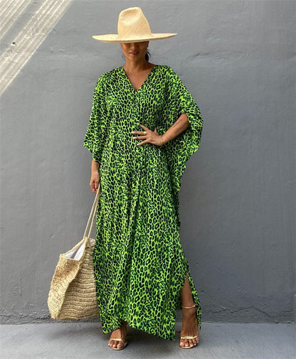 Robe caftan femme – Coupe ample – Tissu respirant – Imprimé animal – Col en V