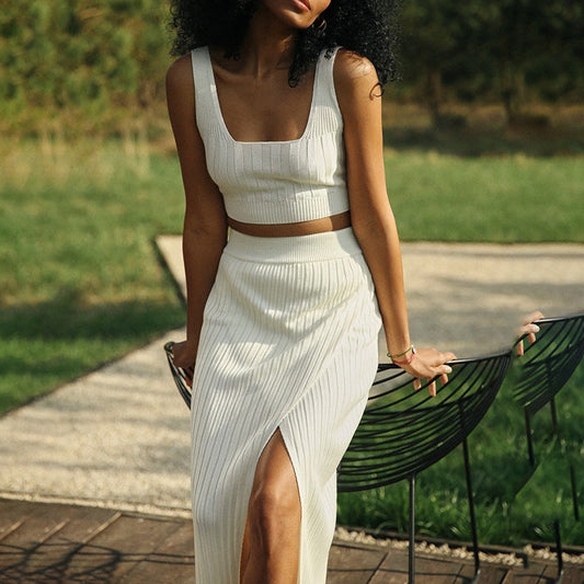 Ensemble deux pièces pour femmes - Slim Fit - Taille haute - Crop Top - Sans manches - Longueur midi
