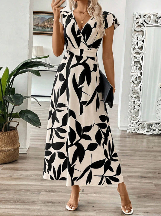 Robe longue femme – Décolleté cache-cœur – Manches courtes – Imprimé floral