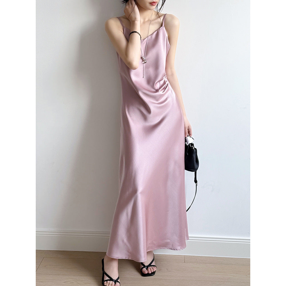 Robe Camisole Femme – Satin Fluide – Coupe Évasée – Longue longueur avec bretelles