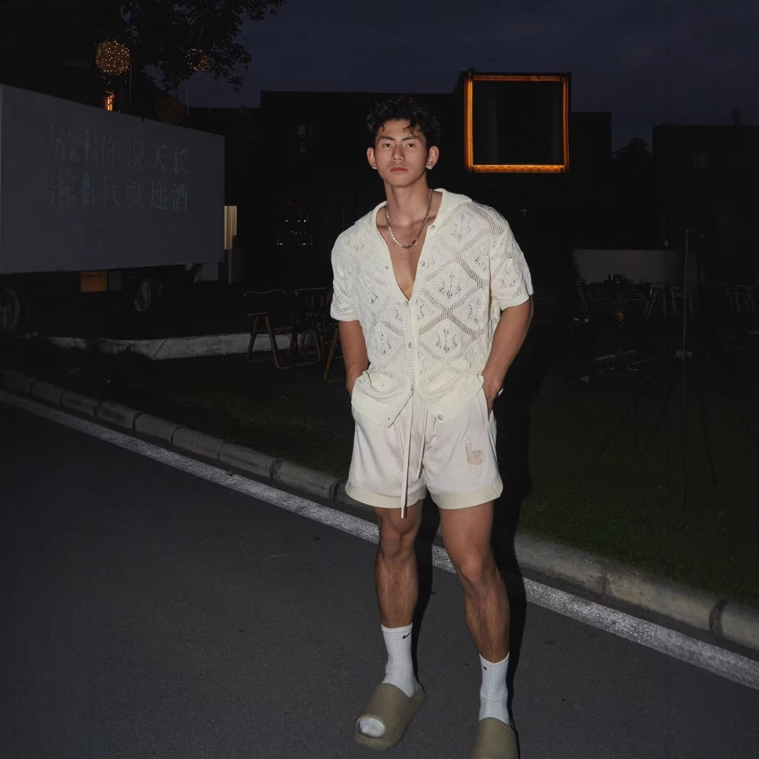 Men's cardigan – Oversized fit – Breathable open-knit – Short sleeve – V-neck