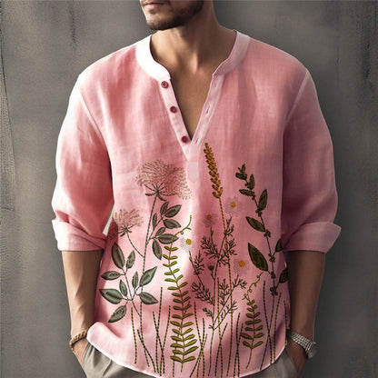 Men's shirt – Loose fit – Floral embroidery – Henley Collar