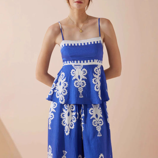Ensemble Femme Deux Pièces – Haut Péplum Bretelles Fines – Motif Ethnique – Tissu Léger