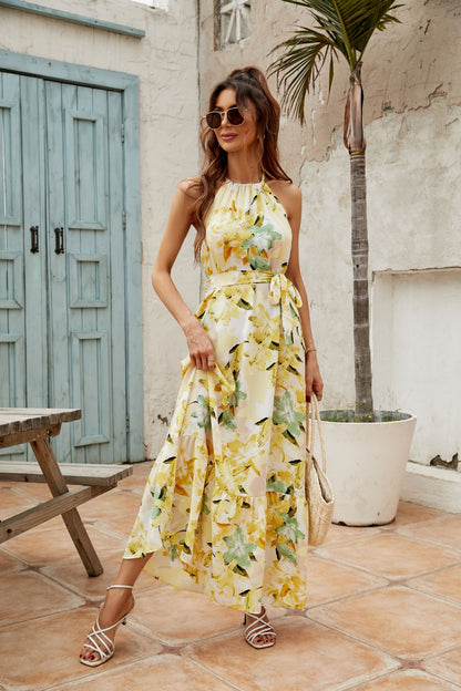 Robe longue femme – Coupe fluide – Col halter – Jupe à volants – Taille ajustable