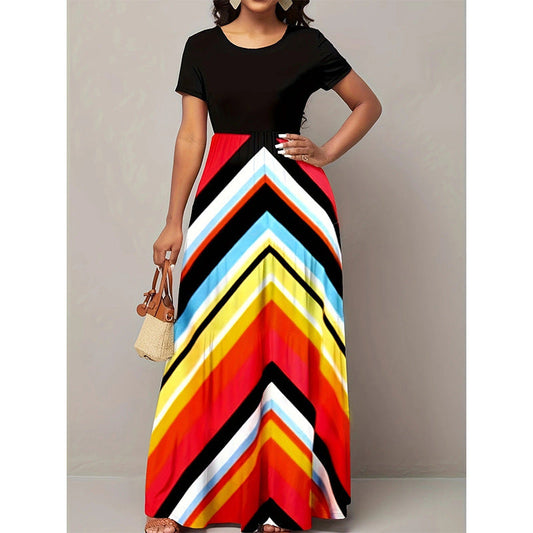 Robe longue femme – Coupe évasée – Motif chevrons – Manches courtes
