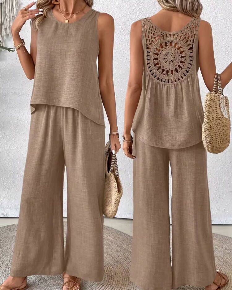 Ensemble femme deux pièces – Lin – Haut sans manches crochet – Pantalon large taille haute